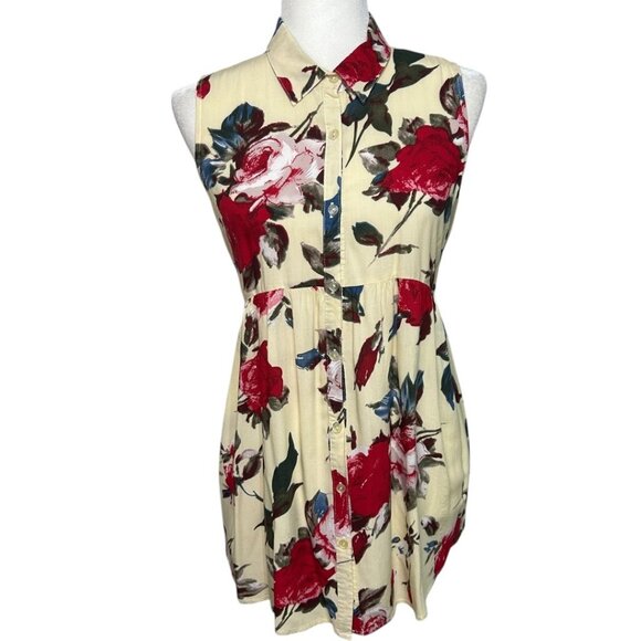 Umgee Red Rose Yellow Sleeveless Button-Down Shirt Dress - Women's Size Large‎ - Picture 1 of 8